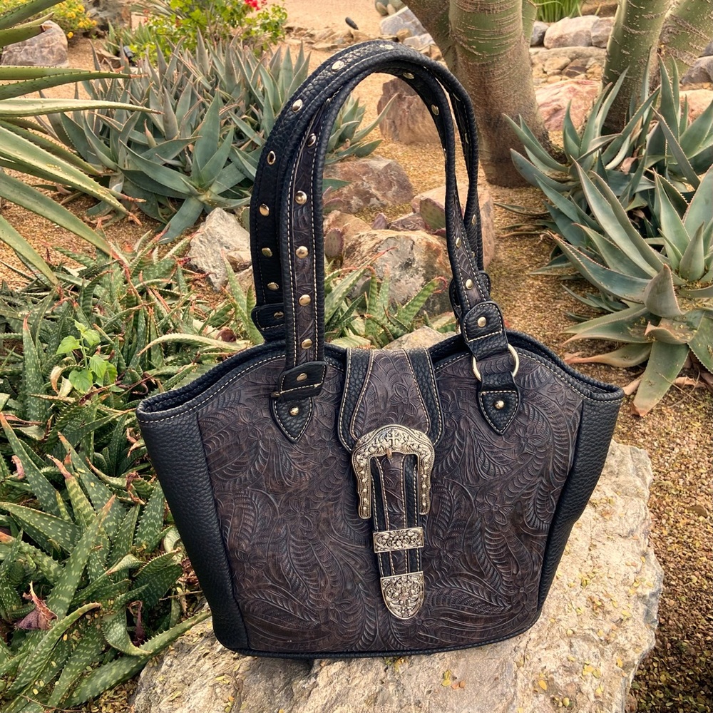 Western Shoulder Bag, Vegan Tooled Leather Heavy Metal Buckle Magnetic Closure